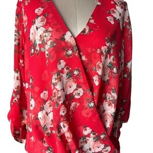 Kut from the Kloth Women's Large Floral Wrap Sheer Blouse Made in the USA